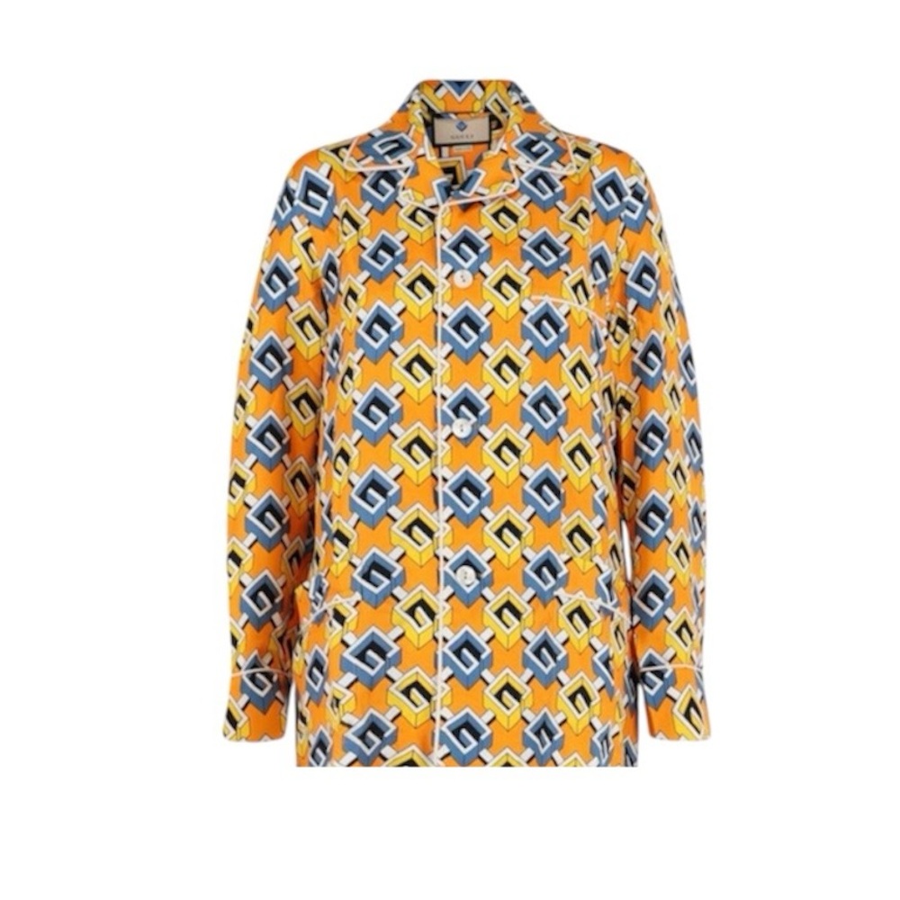 Gucci orange yellow blue geometric G print all over silk luxury pajama shirt